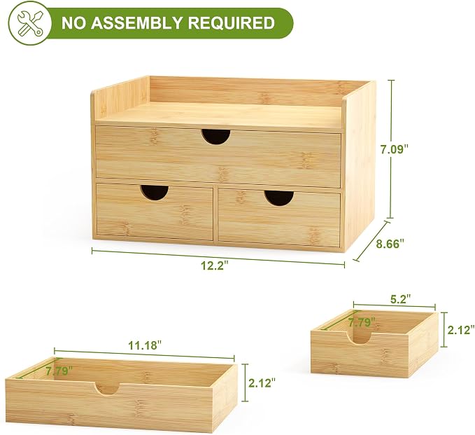 Bamboo Desk Drawer Organizer, Large Desktop Organizer with Drawers Tabletop Storage Organization Box for Office Home Toiletries Supplies Vanity, No Assembly Required (3 Drawer with Shelf) - Image 3
