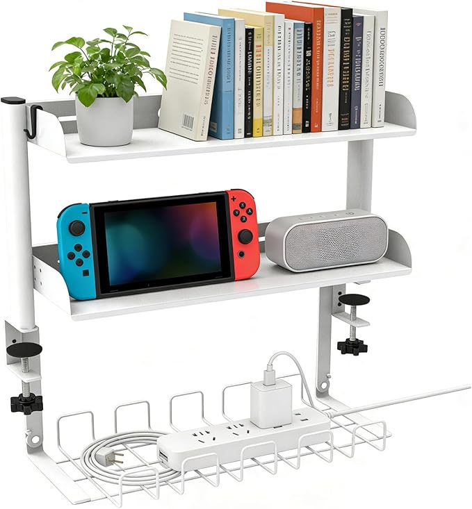 Clamp on Desk Shelf,3 Tier Desktop Organizer,Adjustable Clamp on Desk Top Organizer with Under Desk Hidden Storage Basket&Hooks,No Drilling Desk Clamp Storage Shelves for Working Gaming Accessories by BeGyoku
