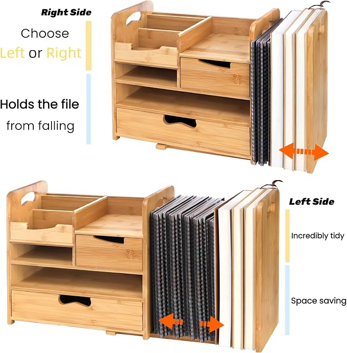 ZOOFOX Bamboo Desk Organizer with Adjustable File Holder, Mail Organizer Countertop with Drawer, 4-Tier Desktop Organization and Desk Accessories for Home Office School Supplies, No Assembly Required - Image 4