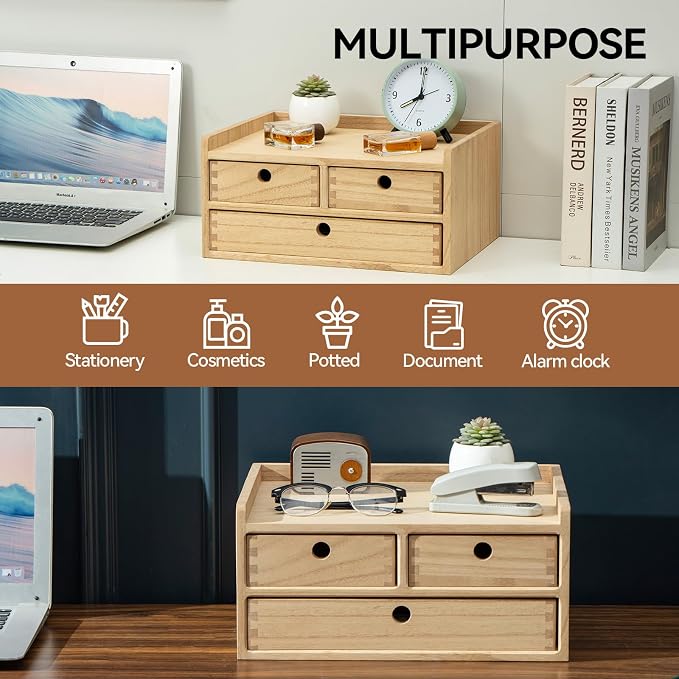 KIRIGEN Wooden Desk Organizer with 3 Drawers and Top Tray Natural DT2D3C-NA | 3-Drawer Cabinet with Top Shelf Stores Papers, Office Supplies, Cosmetics, Crafts, and Small Accessories on Desks or Counters - Image 3