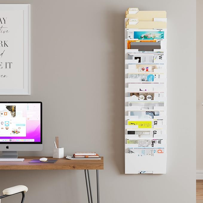 Wallniture Lisbon 15-Tier Wall Mounted File Holder and Desk Organizer, Metal White Office Organization and Storage Rack - Image 5
