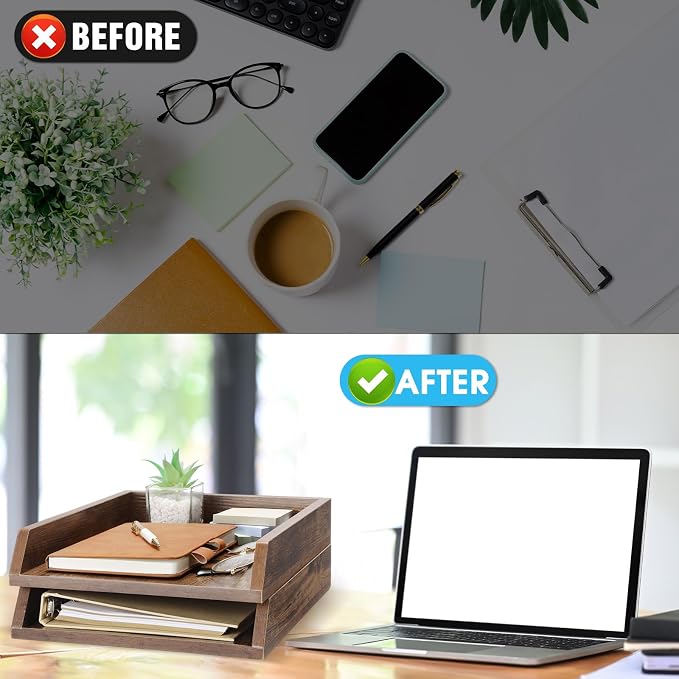 DoubleFill 2 Pcs Wooden Letter Trays 2 Tier Desktop Paper Organizer Wood Letter-Size Desk Document Tray Heavy Duty Stackable Paper Drawer Holder File Folder Back to School Office Home (Dark Wood) - Image 5