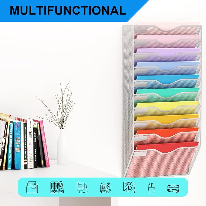 10 Pockets Mesh Hanging Wall File Holder Organizer Wall Mounted Paper Magazine Rack, Silver - Image 6