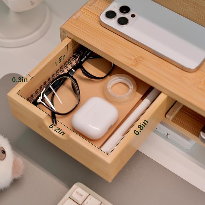 Bamboo Monitor Stand Riser with Drawer | Ergonomic Computer Riser for Desk with Cable Management & Storage Organizer, Wood Monitor Stand for Home Office - Image 4