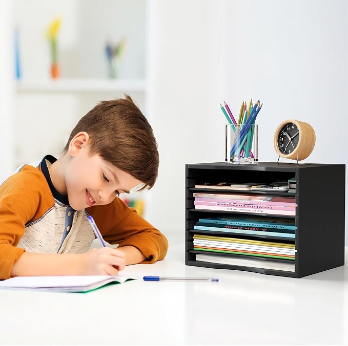 Bamjoy Wood 5 Tier Desktop Organizer, Paper Organizer Mail Sorter, File Holder Letter Document Storage with Adjustable Shelves for School Home Office, Black - Image 4
