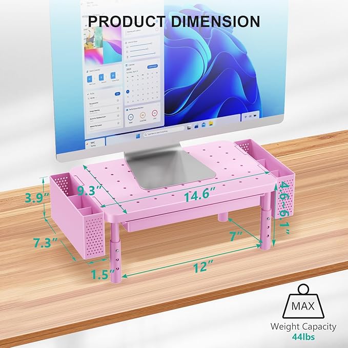 WALI Computer Monitor Stand with Storage, Desk Organizer with Drawer and Pen Holder, Desk Monitor Riser 3 Height Adjustable, Laptop Riser for Computer, Laptop, Printer (PTT003-P), 1 Pack, Pink - Image 7