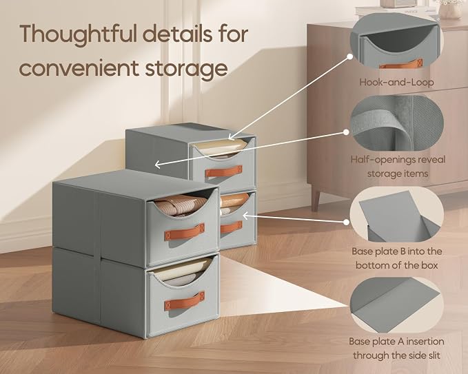 Stackable Storage Drawers - Collapsible Storage Bins with Drawers, 4 Pack Closet Shelf Organizer Basket, Fabric Pull Out Organizer for Bedroom, Living Room, Dorm, Grey - Image 6