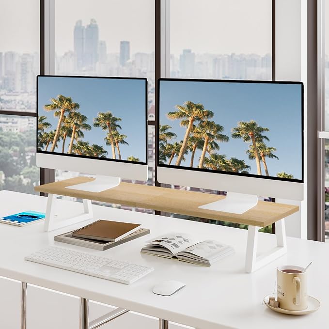 TEAMIX 31.5 inch Dual Monitor Stand Riser, Laptop/TV Stand, Desk Organizer | Long Stand Riser for 2 Monitors, Wood & Steel Computer Stand, Holds 150lbs, Keyboard & PS5 Storage, For Home Office & Gaming - Image 2