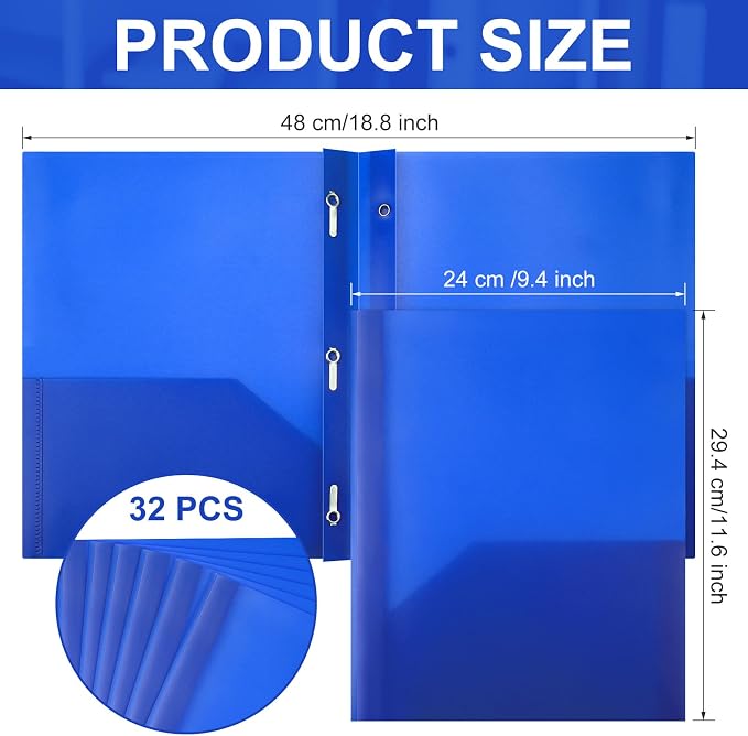 Cholemy 32 Packs Pocket Folders with Prongs Heavy Duty Plastic Folder with Business Card Slot 3 Prong Fasteners for School Office (Blue) - Image 2