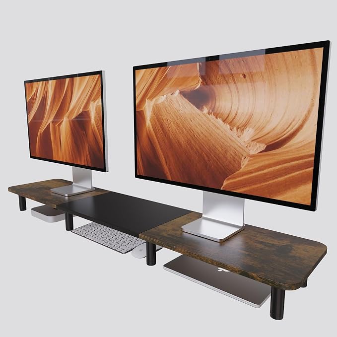 43.7" Extra Long Dual Monitor Stand Riser, Wood & Steel Monitor Stand for 2 Monitors, Wide TV Stand, Desktop Riser for Desk Organization, Home Office、Laptop,Printer,TV (Vintage black) by WEGASTU