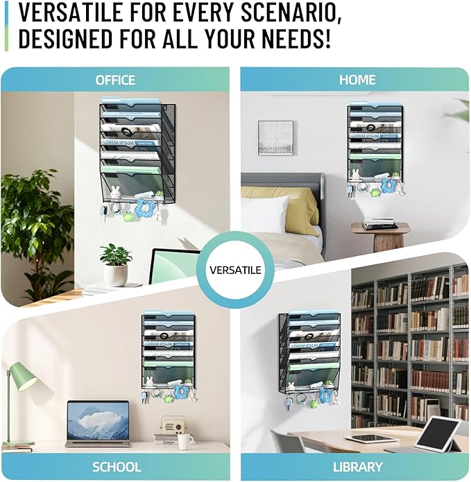 7-Tier Wall File Organizer with 5 Hooks, Wall Mounted Mail Organizer | File Holder Organizer, Metal Mesh Office Wall Organizer for Home, School & Classroom - Image 6