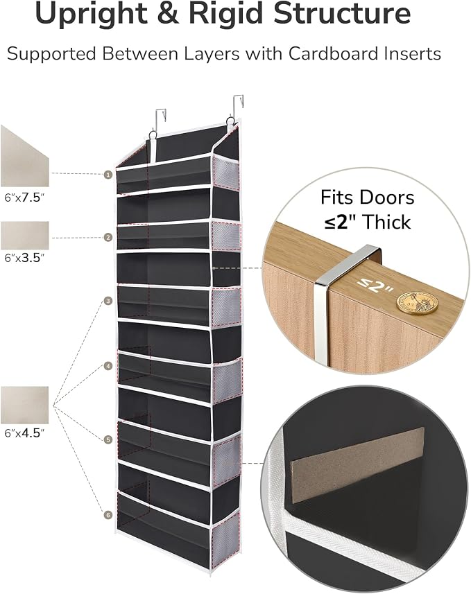 ULG 2Pack-Over The Door Organizer with 6 Large Pockets 12 Side Pockets Door Hanging Organizer Black Door Hanging - Image 7