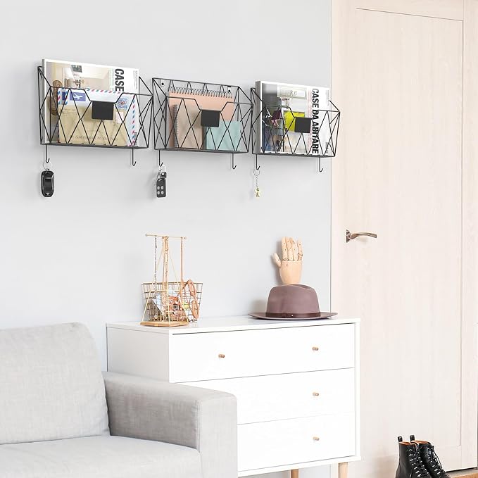 YBING Wall File Organizer Mesh Hanging Wall-mount Files Holder 6 Pack Hanging Wire Magazine Rack and Mail Holder with Hooks Office Wall Organizer for Papers Folders Files Clipboard Black - Image 4