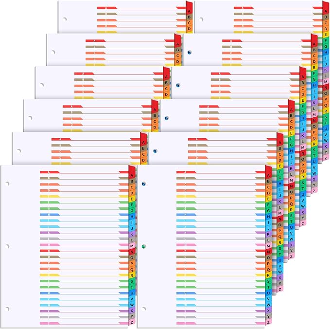 Sinload 12 Set A-Z 26 Tab Dividers for 3 Ring Binders, 8.5 x 11 Inch Alphabet Binder Divider a to Z Divider with Multicolor Alphabetical Tab Alphabetical File Divider for Page Notebook File by Sinload