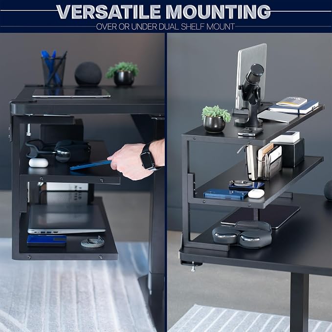 VIVO Black Clamp-on 30 inch 2-Tier Desk Shelf, STAND-SHELF30C | Above or Below Desk, 2 Level Shelving Unit for Table Accessories, Gaming Devices, and More, Storage Tray, Desktop Organizer - Image 5