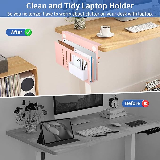LUKETURE Desk Side Storage, 2 Tie Laptop Holder No Drill Clamp On Organizer | Sturdy Steel Double Tier Strong, Magnetic Pen Holder, No Drill Clamp for Standing Desk Organizer, Fits 0.3-2.8" - Image 7