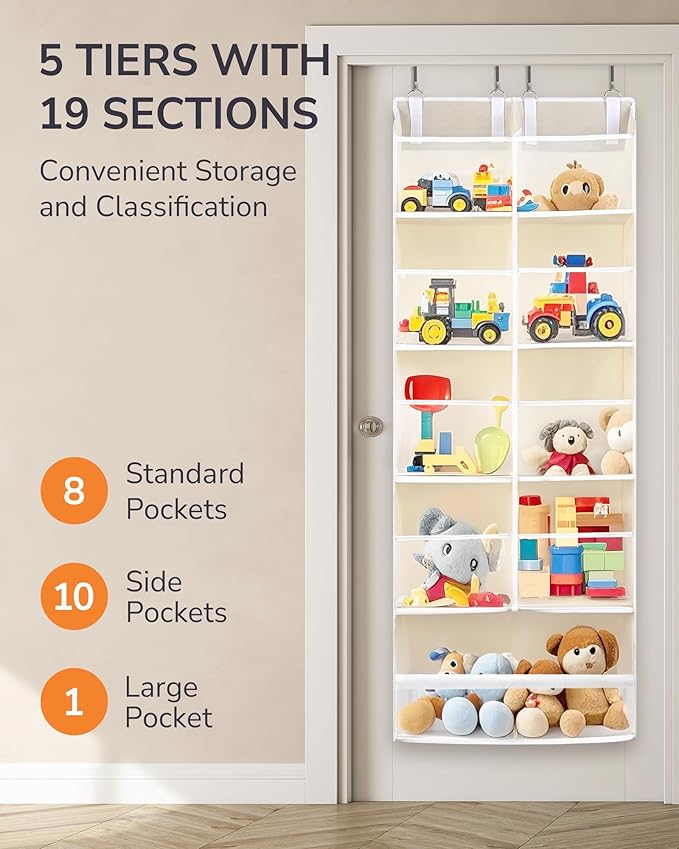 ULG Over the Door Organizer, 5-Tier Extra Large Hanging Storage with 10 Mesh Pockets, 100 lbs Capacity, Heavy Duty Door Organizer for Closet, Bedroom, Nursery Storage, Beige - Image 3