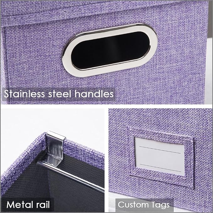 File Organizer Box - Set of 4 Collapsible Decorative Linen Filing Storage Hanging File Folders with Lids Office Cabinet Letter/Legal Size Purple 17.1x14x11.1 inch - Image 4