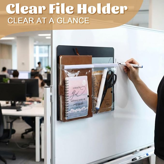 8 Pack Magnetic File Holder for Refrigerator 12 x 9.5 Inch Hanging Paper Organizer Black Board Organizer with 2 Magnetic Pocket Office Supplies Storage for Notebooks Planners Mail Letters - Image 4