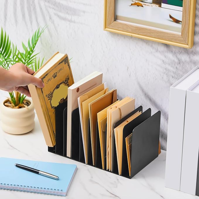 Suzile 2 Pcs Vertical Metal Desk File Organizer, 10 Compartments Desktop Document Sorter & Mail Holder for Office Home Classroom, 10.63 L X 5.79 W X 5.41 H, Black - Image 4