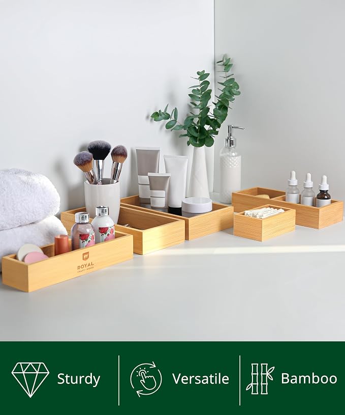 ROYAL CRAFT WOOD 5-Piece Bamboo Drawer Organizer Set – Multi-Use Storage Trays for Kitchen, Bathroom, Office, Makeup, Jewelry & More – Junk Drawer Tray, Utensil Holder, Storage Box & Bin Set (5 Boxes) - Image 4