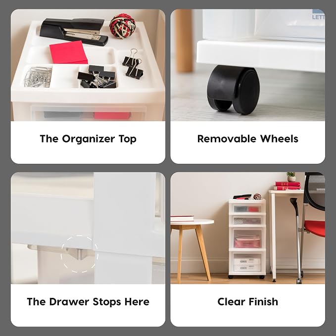 IRIS USA 4-Drawer Rolling Storage Cart, White/Clear | Keep craft supplies, office essentials, classroom items, and accessories organized with easy-access drawers for daily use - Image 7