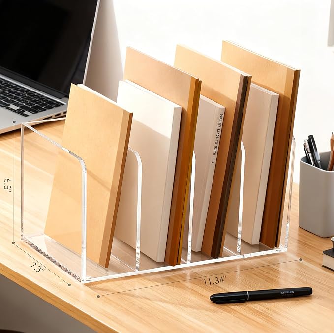 YUXUN Clear Acrylic Magazine File Holder, 4 Compartment Vertical Desk Organizer, 5mm Thick Document Sorter with Non-Slip Base, No Assembly for Office Home Classroom, Holds Binders, Books, Tablets - Image 6