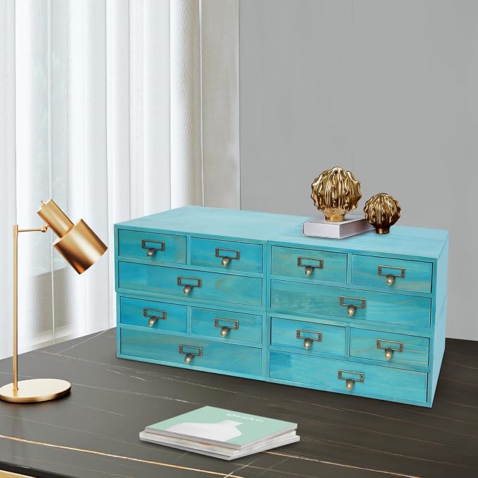 4 Pcs Vintage Desktop Organizer Set, Wooden 12 Drawer Storage Cabinets with Metal Handles & Label Slots, Stackable Apothecary Chest for Office, Herb, Tea, Jewelry and Stationery Organization (Blue) - Image 6