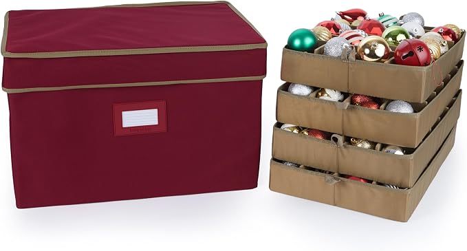 Covermates Keepsakes Adjustable Ornament Storage Box – Heavy-Duty Polyester, Padded Dividers & FlexGrid Trays – Protective Holiday Organizer with Stackable Walls & Label Window, Red by Covermates