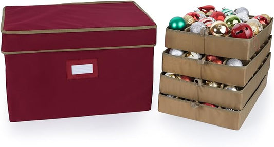 Covermates Keepsakes Adjustable Ornament Storage Box – Heavy-Duty Polyester, Padded Dividers & FlexGrid Trays – Protective Holiday Organizer with Stackable Walls & Label Window, Red by Covermates