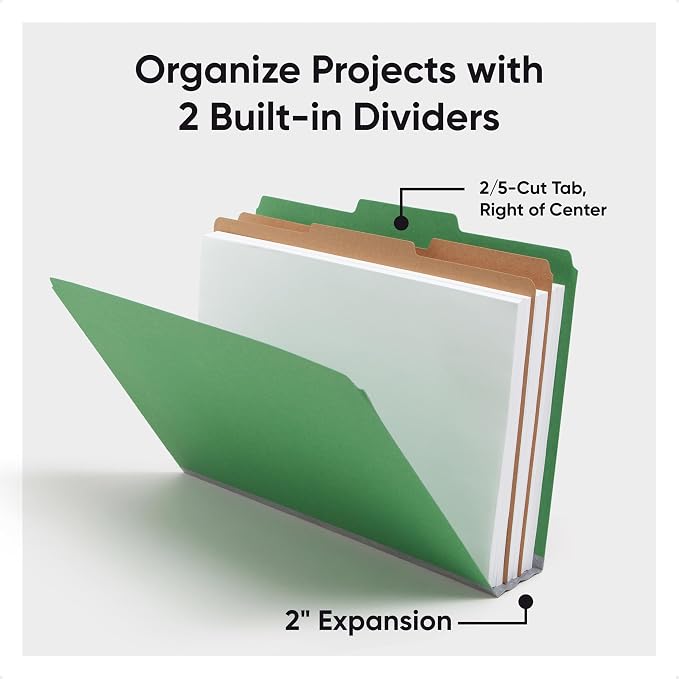 Smead Pressboard Legal Size File Folders with SafeSHIELD Fasteners, 2 Dividers, 2" Expansion, Office Folders, Paper Holder, Green, 10 per Box (19033) - Image 7