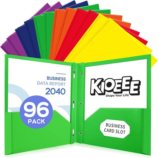 96 Pcs Plastic Folders with Pockets and Prongs (Multi-Colored),Letter Size,Business Card Slot,Bulk 2-Pocket Folder for School Office or Home,Durable Acid-Free Poly,Back to School Supplies by KIOEEE