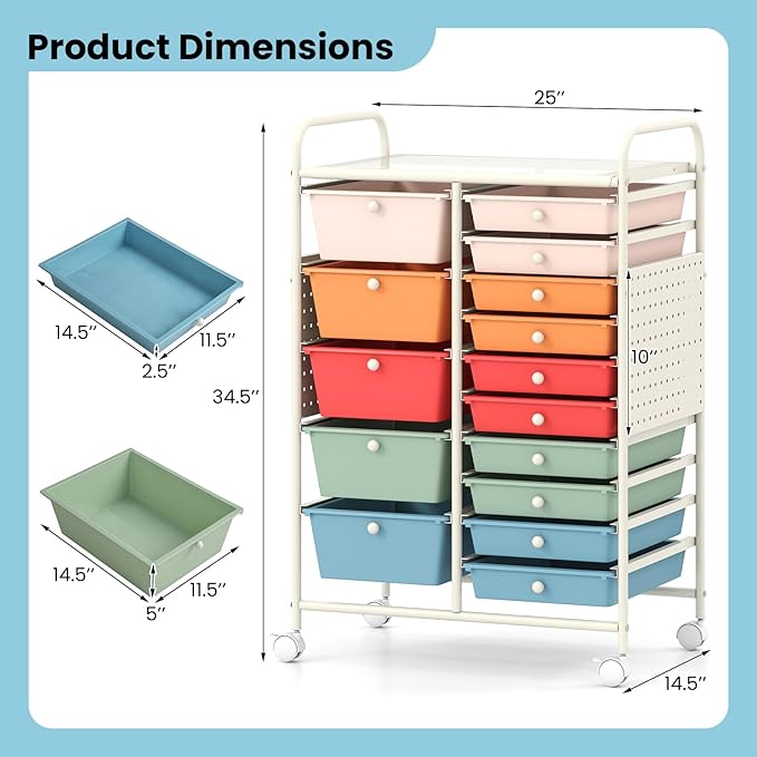 GOFLAME 15-Drawer Rolling Storage Cart with Pegboard, Craft Storage Cart with Lockable Wheels and Metal Frame, Art Cart Supply Storage Organizer for Home Office Classroom, Macaron Color - Image 3
