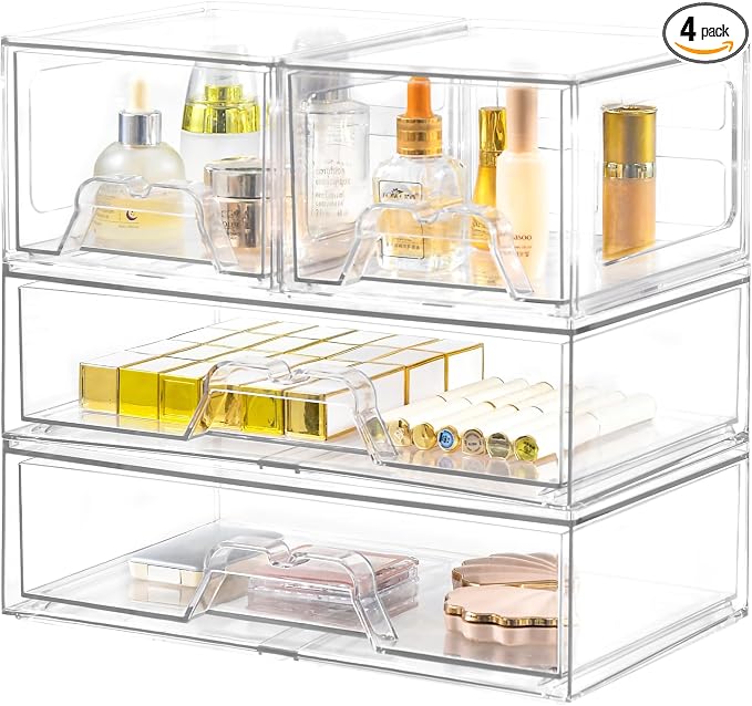 4 Pack Stackable Storage Drawers, Clear Acrylic Organizer, Makeup Organizer | with Pull-out Drawer,Pantry Organization for Beauty Supplies,Ideal for Vanity, Bathroom,Cabinet by Stebopum