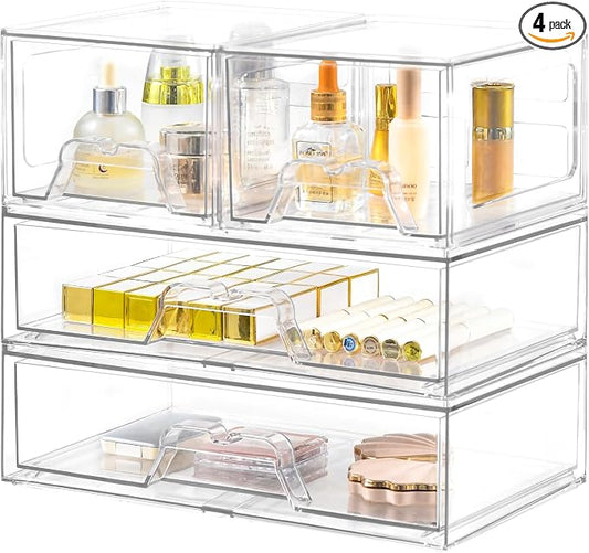 4 Pack Stackable Storage Drawers, Clear Acrylic Organizer, Makeup Organizer | with Pull-out Drawer,Pantry Organization for Beauty Supplies,Ideal for Vanity, Bathroom,Cabinet by Stebopum
