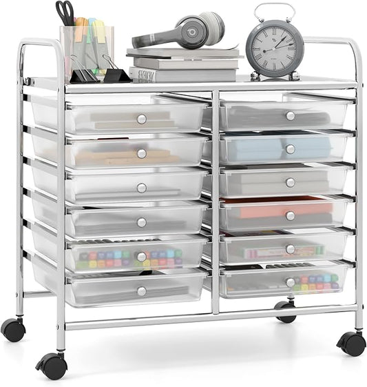 Giantex 12 Drawers Rolling Cart, Mobile Storage Drawer Cart, Classroom Organizer Cart for Office School Supplies Tools Scrapbook Paper Craft Small Printer, Utility Cart on Wheels, Clear by Giantex