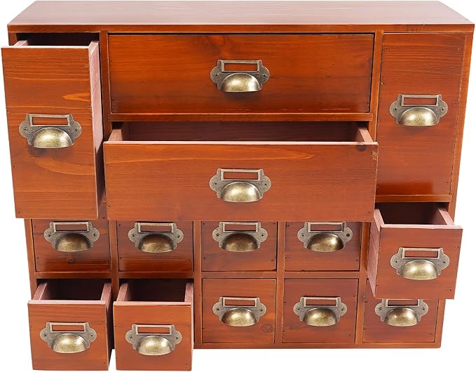 Vintage 14-Drawer Wooden Desk Organizer - Stackable Craft Storage Drawers - Rustic Desk Storage Box with Drawers - Multilevel Apothecary Cabinet - Ideal Home Office Organizers and Accessories - Brown - Image 6