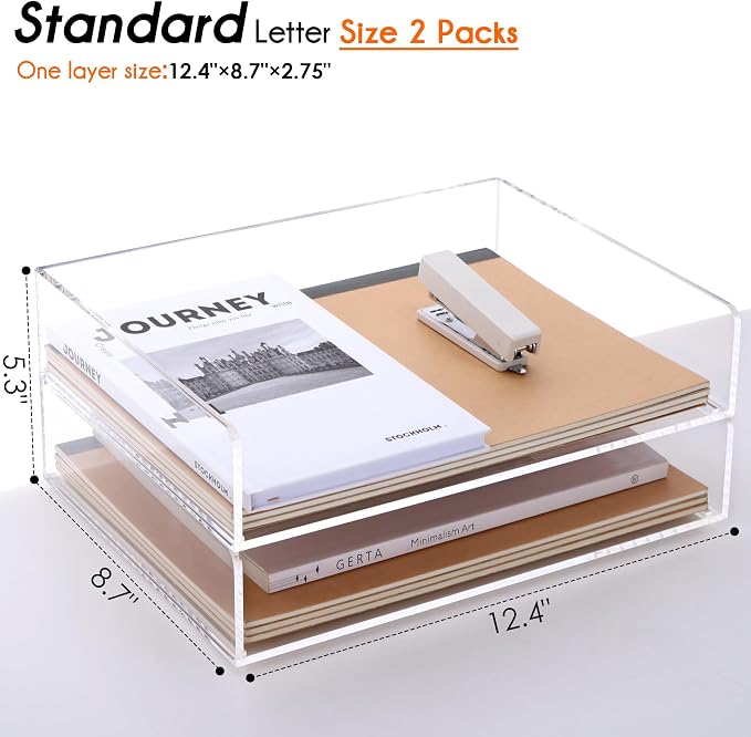 HeZone Paper Organizer, 2 Tier Stackable A4 Size Acrylic Letter Tray, Office/Home/School Organization - Clear - Image 3