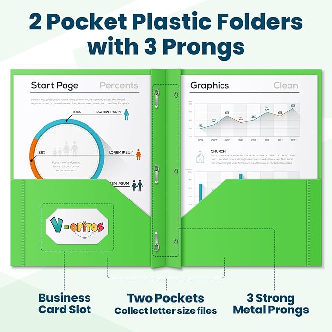 V-Opitos 72 Packs 2 Pocket Folders with 3 Prongs Fastener Clasps, Bulk Heavy Duty Plastic Folders, Multicolor Files Folders in 6 Colors for School and Office - Image 2