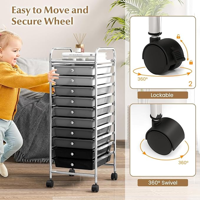Storage Cart, Rolling Utility Cart with 10 Drawers, Portable Handles & Lockable Wheels, Mobile Paper Toys Storage Organizer Large Capacity for Home Office School Teacher (Gradient Black) - Image 5