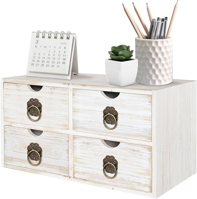Wood Desk Organizer, White Wooden Desktop Organizer with Drawer, Tabletop Storage Organization Box for Countertop, Home Office Supplies Bills, 13.5x6.6x7.09 Inch(4 Drawer) by SEEKELEGANT