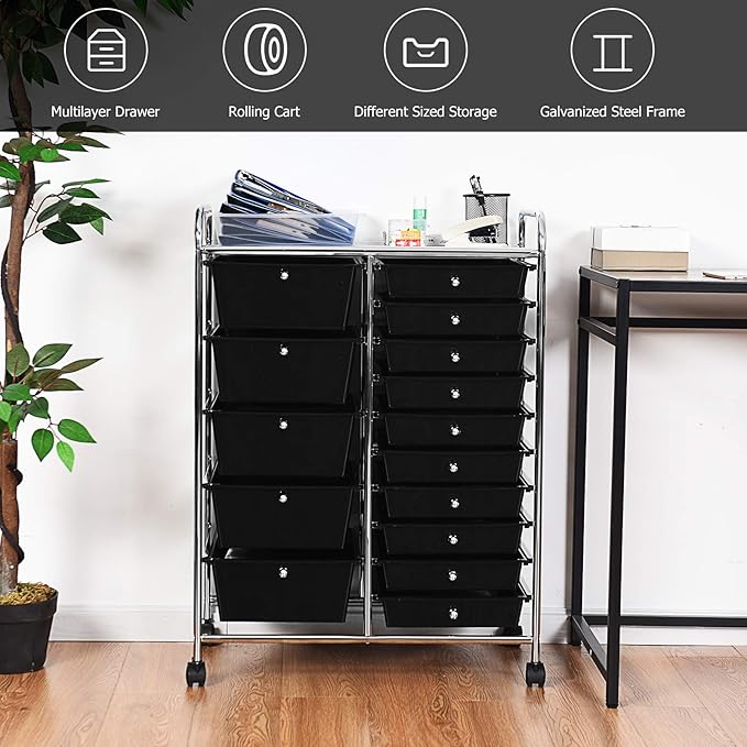 GOFLAME 15-Drawer Rolling Storage Cart, Craft Storage Cart with Removable Drawers & Lockable Wheels, Art Cart Supply Storage Organizer for Home Office Classroom, Black - Image 4