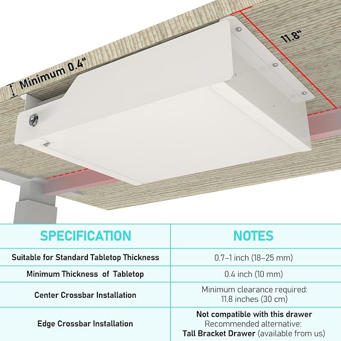 Under Desk Drawer Storage with Lock, Metal Undermount Table Drawer, Ball Bearing Slides Out Tray Organizer for Paper, Pencil, and Laptop 16"x11.8"x3.6", White - Image 3