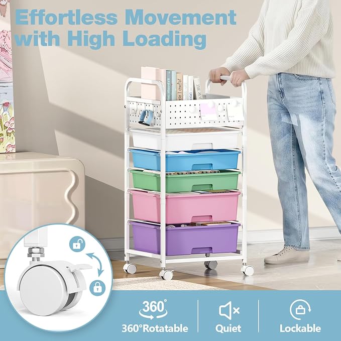 5 Drawer Rolling Storage Cart with Pegboard Top and Hooks, Ice Cream | Mobile Organizer Cart with Wheels for Office Supplies, Craft Storage, Classroom Organization, Home Utility Cart - Image 5