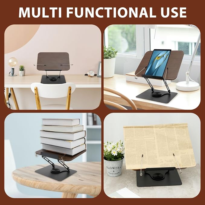 Book Stand for Reading Adjustable Book Holder with 360° Rotating Base Foldable Cookbook Stands for Home Office Kitchen Traveling Display Stand for Textbook, Recipe, Magazine,Tablet - Image 5