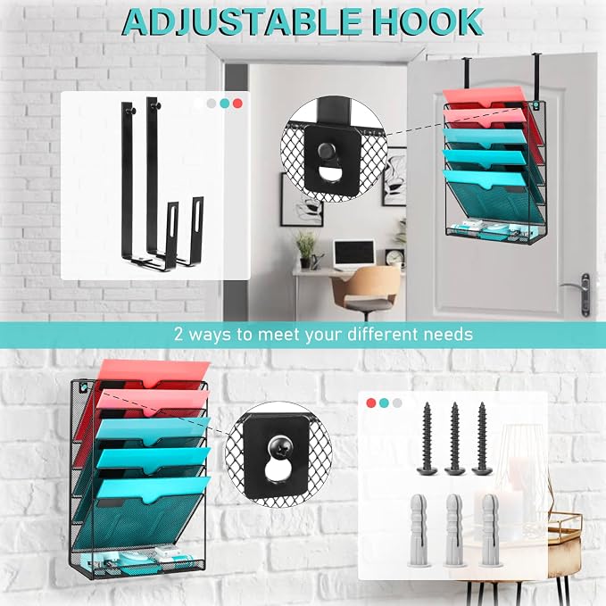 Wall File Organizer, 6 Pockets Mesh Hanging File Organizer, Wall Mount File Holder With Hooks, Wall Organizer Magazine Rack for Office Supplies, Black - Image 4