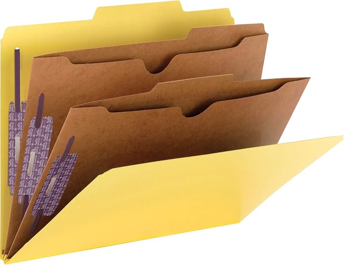 Smead Pressboard Classification File Folder with SafeSHIELD Fasteners, 2 Pocket Dividers, 2" Expansion, Letter Size, Yellow, 10 per Box (14084) by SMEAD