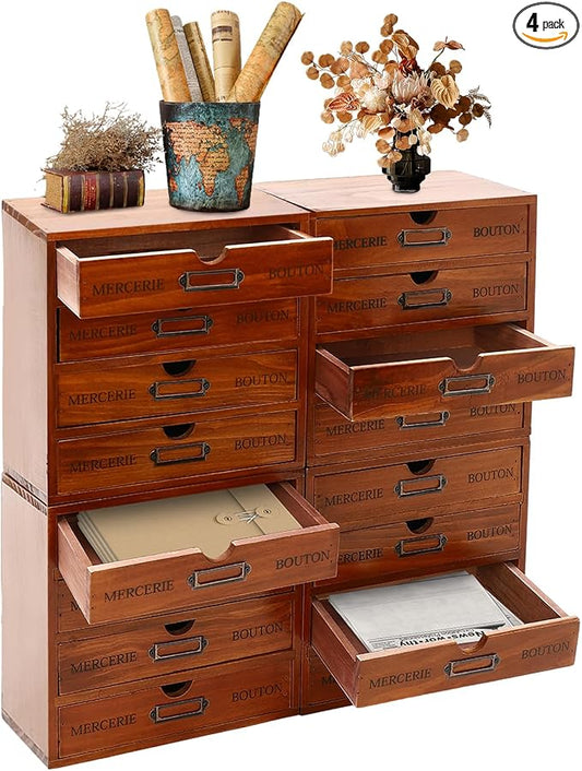 4Pcs Multi Drawer Storage Organizer with 16 Drawers, Vintage Wooden Desk Organizer Craft Storage Drawers Stackable Desktop Organizing Cabinet, No Assembly Required by SanBouSi
