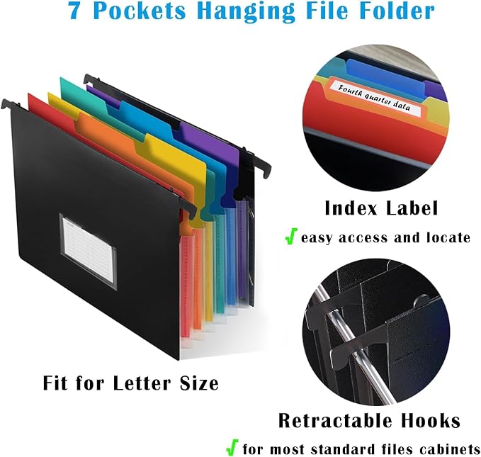 7-Pockets Hanging File Folder with Retractable Hooks for Filing Cabinet, 2 in 1 Expandable Accordion File Organizer with Elastic Band for File Frame or On-The-Go Use (1 Pcs) - Image 2