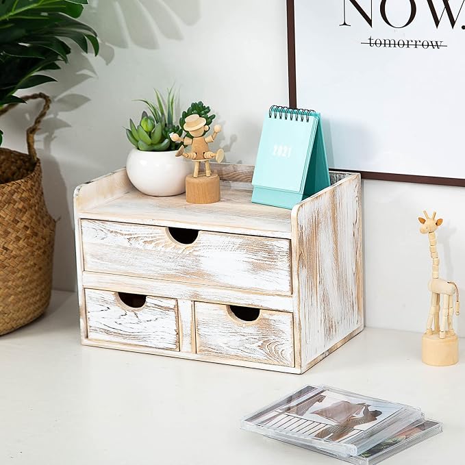 Rustic Distressed white 3-Tier Wood Desk Organizer with 3 Drawers Mini Storage Shelf For Desk, Toiletries Vanity Office Supplies (Vintage white) - Image 6
